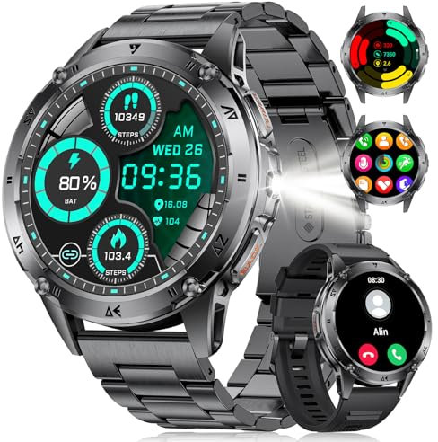 LIGE Militär Smartwatch Herren, 530 mAh Akku, 1,43'' AMOLED Display Sportuhr Herren mit Taschenlampe/110+ Sportmodi,IP68 Wasserdicht Fitnessuhr mit Herzfrequenz,Schlafmonitor für Android iOS Schwarz