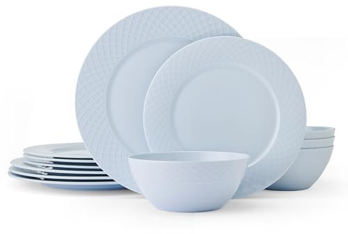 Mikasa Trellis Pastel Bone China Lightweight Chip Resistant 12 Piece Dinnerware Set, Service for 4, Misty Blue