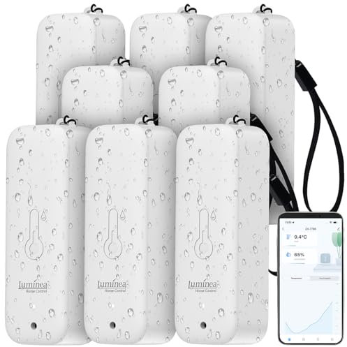 Luminea Home Control Funk Sensor: 8er-Set Thermometer & Hygrometer mit Bluetooth & App, wetterfest, IP65 (Thermometer für Außenbereich, Smart mit App, Kühlschrank Alarm)