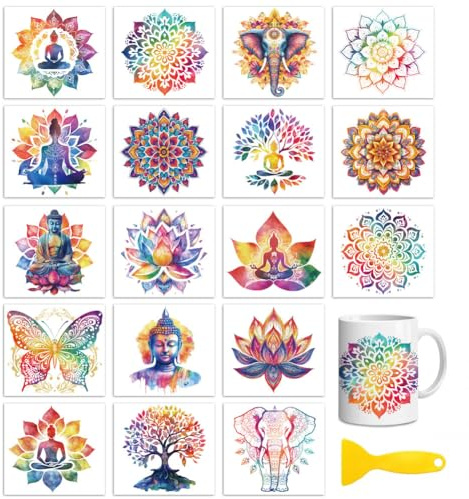 Peacoblue Boho Lotu and Buddha Rub On Transfers for Craft, Transfer Sticker | 18 Sheets UV DTF Transfers, Waterproof Rub On Decals for Wood, Glass, Furniture, Tumblers & Home Decor Crafts