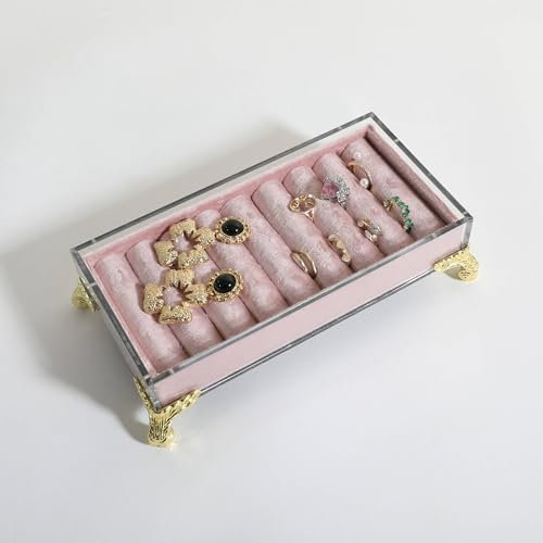GemeShou Porta-anelli con slot in velluto, supporto esposizione anelli/orecchini rosa, vassoio in feltro【Rosa】