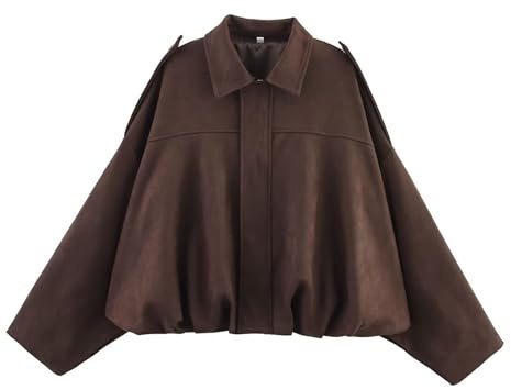 Xunger Women's Faux Suede Bomber Jacket Spring Lapel Pilot Coat Casual Oversized Long Sleeves Trendy Streetwear Outerwear(1026-Coffee-M-RD)