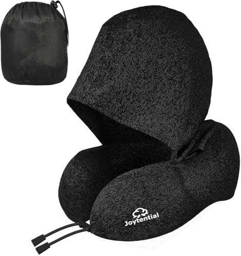Joytential Travel Pillow with Hood for Airplane Long Flights, Privacy Hooded Plane Pillow with Skin-Friendly Cover, Comfort Memory Foam, Neck Pillows for Office Rest, Road Trip, Car Sleeping (Black)