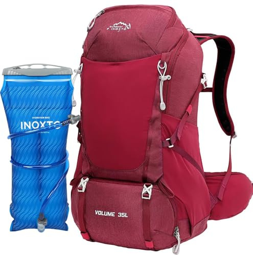 35L Hiking Backpack with 3Lwater bladder, INOXTO Camping Backpack with Waterproof Rain Cover for Men, Outdoor Sport Travel Daypack for Climbing (Red)