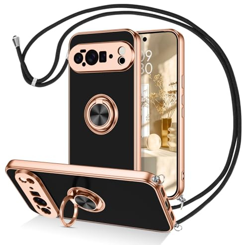 DOMAVER Coque de protection pour Google Pixel 10 Pro XL - Avec bande - Avec anneau de support à 360° - En TPU galvanisé - Support magnétique pour voiture - Noir