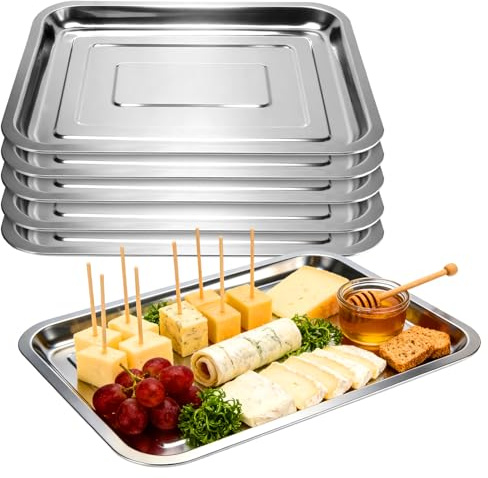 CHUEN Uppsättning av 6 serveringsfat stor, 36 x 27 x 2 cm silver rostfritt stål tallrik rektangulär, rostfritt stål bricka för bufféer, sushi, kaka
