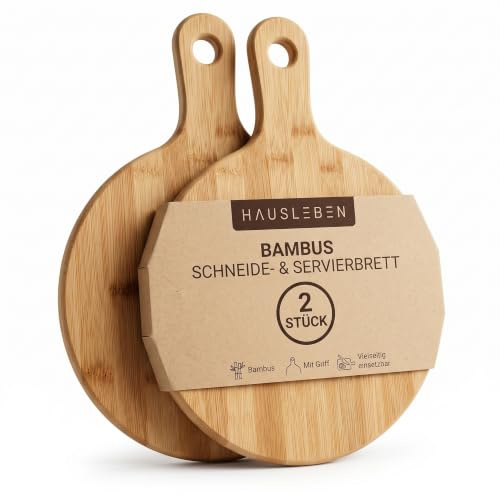 hausleben Uppsättning med 2 pizzatallrikar av bambu Ø 25,5 cm | rund pizzabräda med handtag | skär- och serveringsbräda för pizza, snacks och tapas | Hållbar, robust och hållbar