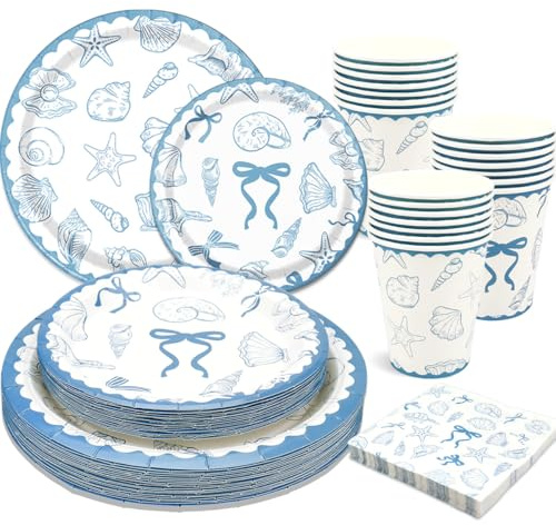 100 decoraciones de fiesta de cumpleaños con conchas marinas, incluye platos, servilletas, tazas de verano, decoración de fiesta para 25 personas
