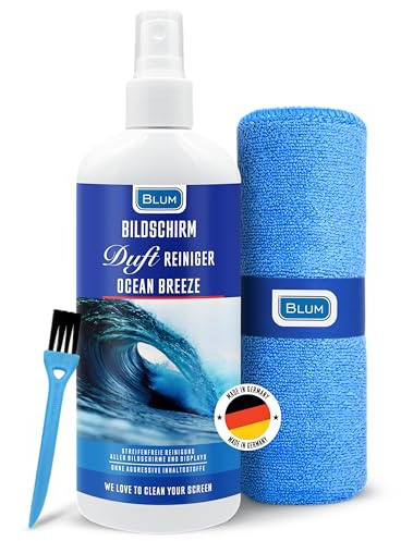 Blum 250ml Detergente PROFUMATO per schermi OCEAN BREEZE + panno microfibra 30x30cm – Pulitore schermo TV, laptop, notebook, PC, monitor, smartphone – Pulizia senza aloni per pulire,pulisci