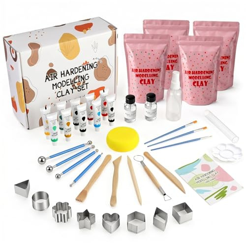 JOVVI Keramikkit för vuxna, 41 st självhärdande lerkit med 2 kg utan bränning för nybörjare, Air Dry Clay-set med verktyg, färger, penslar, lack för kreativa hobbys, DIY och presenter