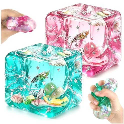 2 Pezzi Fidget Giocattoli Squishy Cube,Cubo Sensoriale Traslucido con Conchiglie & Stelle Fluttuanti Squishy Stress Sollievo Giocattoli Autismo Fidget Cubo Sollievo Dell'Ansia Sensoriale Ball