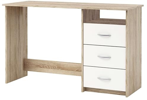 Miroytengo Mesa Escritorio Reversible 3 Cajones, Mesa Ordenador Juvenil, Roble y Blanco 123 cm