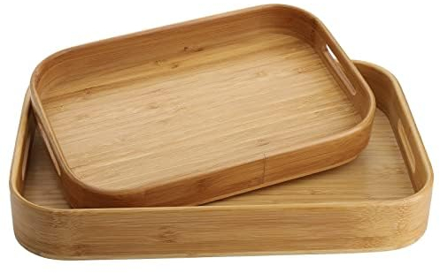 Dicunoy Set of 2 Bamboo Food Serving Tray, Solid Wood Breakfast Tray with Handles, Large Bamboo Food Serving Tea Trays Great for Breakfast, Coffee, Bar, Parties, 39cm L x 27cm W /32cm L x 22cm W