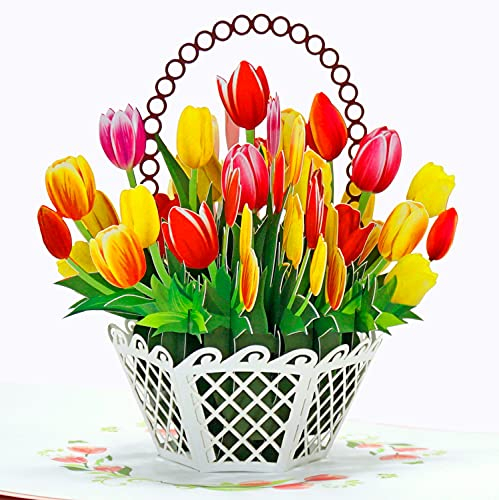 CUTPOPUP Tulip - Tulpe Blumen Korb Pop Up Karte für Frauen, Pop Up Blumenkarten, Handgemachte Blumengrußkarten, 3D Geburtstagskarte, Muttertagskarte Pop Up, Jahrestag, Denken an Sie