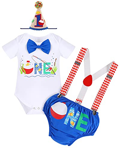Baby Boy O-fish-Ally One 1st First Birthday Cake Smash Outfit One Year Old Party Costume Cotton Short Sleeve Romper Diaper Cover Shorts Pants Hat Y-back Suspenders Set Photo Props Royal Blue 6-12M