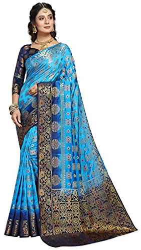 C J Enterprise Sari de seda Kanjivaram pura para mujer para boda con blusa pieza (L312 paithani), Azul Cielo Azul Marino, talla �nica
