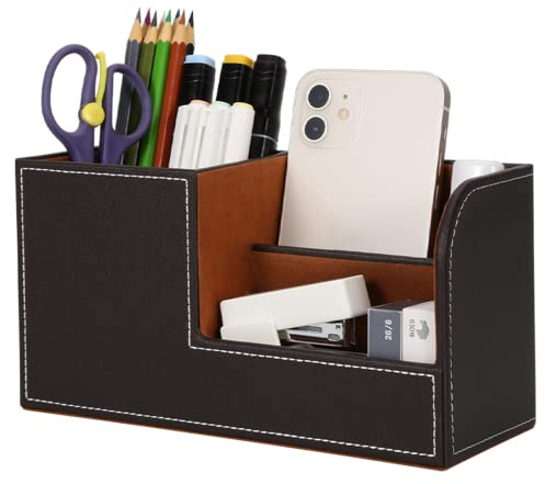 GORESE Organisateur de Bureau, Rangement de Bureau en Cuir Pot à Crayons Porte-Stylo Peu Encombrant, 3 Compartiments de Stylos, Agrafeuses, Dossiers, Notes Autocollantes, Téléphones(Gris 1)