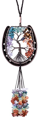 rockcloud Horseshoe Tree of Life with Crystals Tassel Wall Hanging Ornament, Tumbled Chips Gemstones Window Pendant for Home Office Car Meditation Decor, Mixed Stones