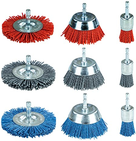 SALI 9-TLG-Set Nylondraht-Topfbürste,Drahtbürsten mit Sechskant-Schaft 1/4“ (6,35 mm), 3 Größen Nylon-Bohrbürstenset zur Entfernung von Rost und Korrosion