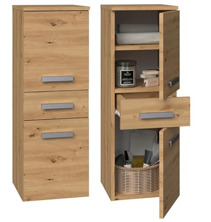 CDF Bad-Hochschrank NEL V DDS | Farbe: Eiche Artisan | Modernes Badregal | Stauraumschrank | Geräumige Einlegeböden | Türen | Einfache Montage | Stilvolle Griffe