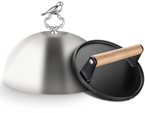 PURPLEBIRD Burgerglocke & Burger Smasher Set, Edelstahl Burgerglocke XL (Ø 24cm) mit Schwerlast Gusseisen Burgerpresse (Ø 17.7cm) Griddle Zubehör Set für Gasgrills, Teppanyaki, Feuerplatte