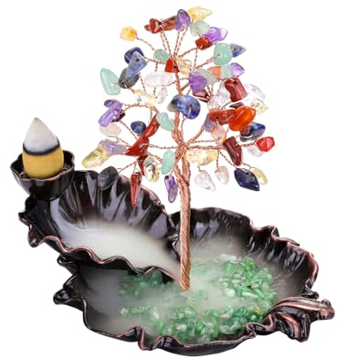 GEHECRST Rückfluss Räuchergefäß 7 Chakra Edekstein Lebensbaum Deko Geldbaum Feng Shui Baum Deko Räucherstäbchenhalter Weihrauchhalter für Reichtum Glück Gesundheit (7 Chakra)