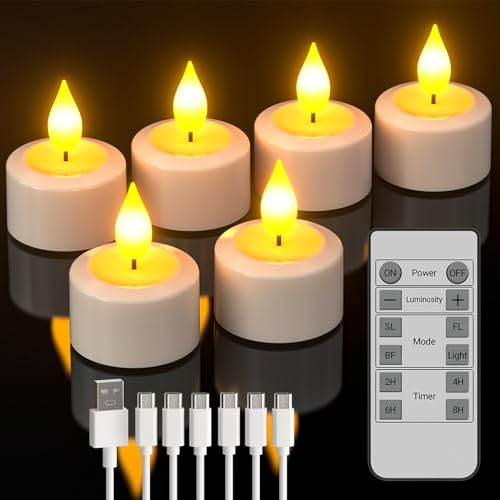 SoulBay Bougies Chauffe Plat LED Rechargeable avec Télécommande, Lot de 6 Bougie à LED Electrique Fausse Bougie Decorative Flamme Vacillante pour Decoration Chambre Mariage Anniversaire Halloween Noël