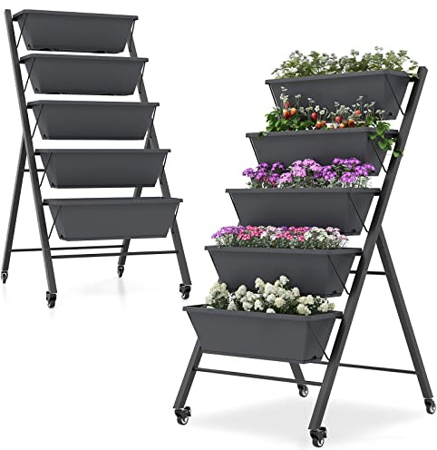 GOPLUS Jardinera Vertical de 5 Niveles, Estantería para Plantas, Cama Elevada de Jardín con Ruedas, Orificios de Drenaje, Bandeja Extraíble, Huerto Urbano con 5 Macetas, para Verduras Flores (Negro)