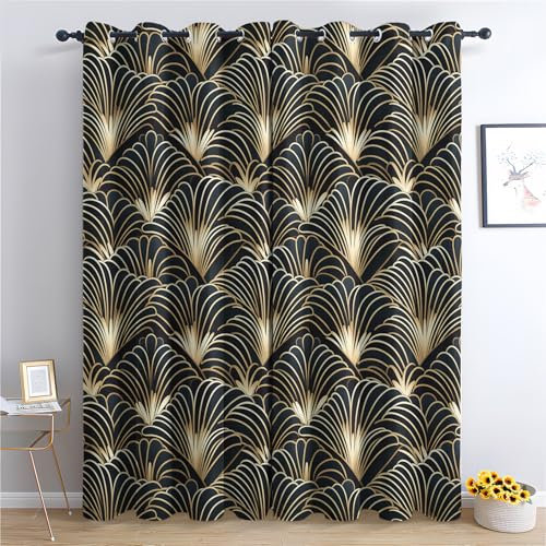 Art Deco Home Decor Gifts - Art Deco Curtains for Bedroom Living Room - Geometric Luxury Blackout Curtains 54 x 90 Inch (Width x Drop) 2 Panels, Black and Gold Eyelet Curtains & Drapes