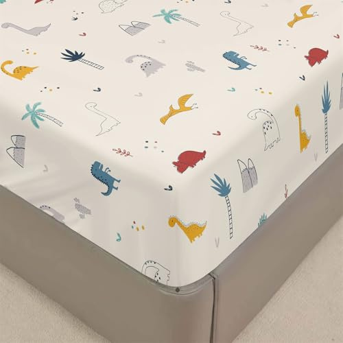 Surwin - Sábana bajera, diseño de animales de dibujos animados, suave, lavable, ajustable, funda de colchón con gorro de 30 cm, microfibra con borde elástico (90 x 190 cm, dinosaurios)