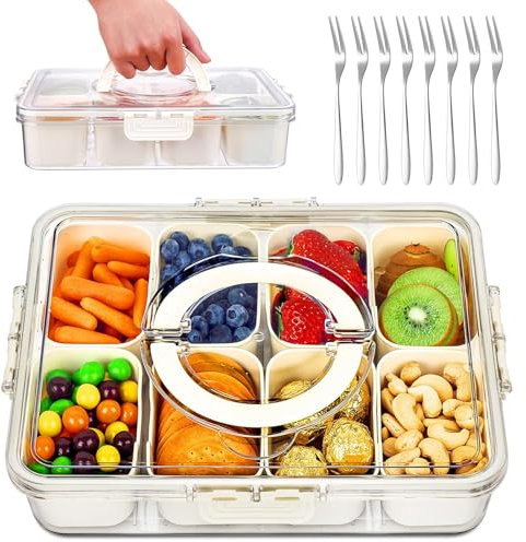 iTYOOS Snackschale mit Deckel, Snackbox mit Fächern, Snackteller mit Deckel, 8 Raster Fächern Snackbox Organizer, Transparente Snackteller mit Deckel und Griff, mit 8 Stück Fruchtgabel aus Edelstahl
