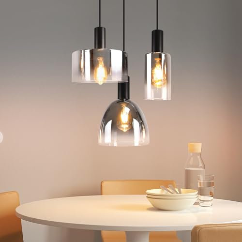 CBJKTX Pendelleuchte Wohnzimmer Hängelampe 3 Flammig Hängeleuchte-E27 Vintage Esszimmerlampe Hängend Pendellampe Höhenverstellbar Rauchgrau Glas für Schlafzimmer Wohnzimmer (ohne Leuchtmittel)