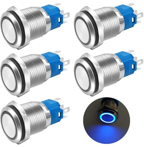 Gebildet 5 Pezzi 16mm LED Blu Interruttore a Pulsante in Metallo con Chiusura Impermeabile 12V-24V/5 Amp 1 NO 1 NC ON/Off per Foro di Montaggio da 5/8