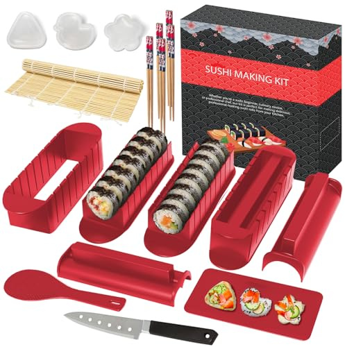 HI NINGER Kit de Sushi – Edición Deluxe: Set para Hacer Sushi de 20 Piezas para Principiantes con Esterilla, Moldes de Arroz, Cuchillo y Palillos – Kit Completo (Rojo)