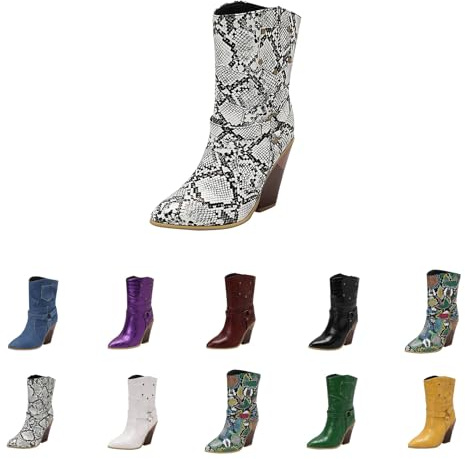 Högklackade ankelstövlar blockklack – cowboystövlar dam läder – västerländska stövlar spetsiga tåparti halvstövlar färgglada ridstövlar lång skaft slip-stövlar eleganta PU-lärande stövlar, GRÅ, 36 EU