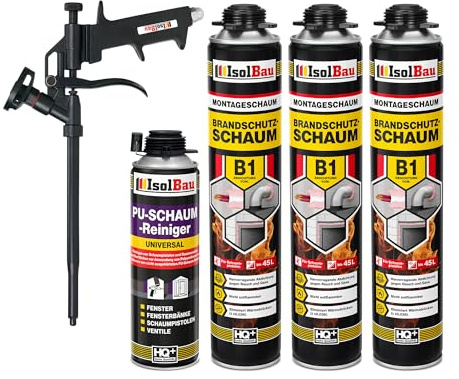 Isolbau - Bauschaum B1 - Montageschaum - PU-Schaum 3 x 750 ml - Pistolenschaum,1 x PU-Schaum-Reiniger & 1 x Schaumpistole - 1K Brandschutzschaum - Dämmschaum - Abdichtung, Wärmedämmung