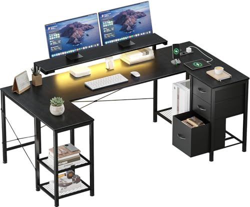 Devoko Scrivania Angolare 170x95 cm, Tavolo A L Da Gioco con 3 Cassetti, Illuminazione LED, Supporto Monitor, 2 Prese + 2 USB, Adatta per Ufficio/Studio, Ideale per Camere, Nera