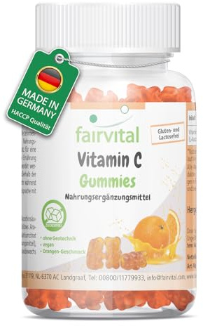fairvital C-vitamin gummies, 90 stycken, 500mg per daglig dos, apelsinsmak, högdoserade, 100% veganska + sockerfria, kvalitetskontrollerade och högdoserade, tillverkade i Tyskland