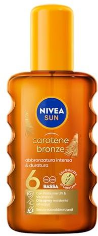 NIVEA SUN Carotene Bronze Olio Solare Abbronzante SPF 6 200 ml, Olio abbronzante con protezione solare, Spray solare con Estratto di Carotene e Vitamina E, Resistente all'acqua, Senza autoabbronzanti