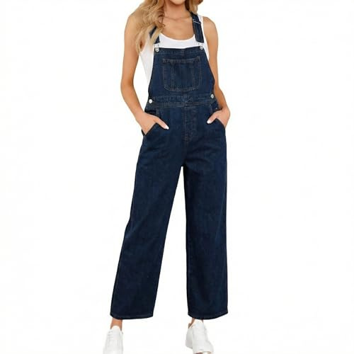 Oryvandel Salopette Jeans Donna Baggy, Tuta in Denim Pantaloni a Gamba Larga con Tasche e Spalline Regolabili, Jumpsuit Oversize Casual per Tempo Libero