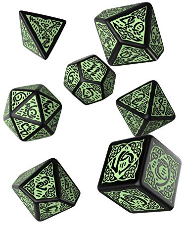 Q WORKSHOP Celtic 3D Revised Black & Green RPG Dice Set 7 Polyhedral Pieces, SCER21