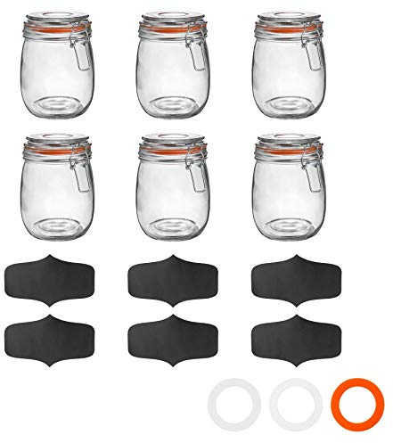 Argon Tableware Glass Jars with Airtight Metal Clip Lid & Chalkboard Stickers - 750ml/26.4oz - 6 Pack - 4 Colour Seals - Kitchen Container Round Preserving Jar for Pickling, Chutney, Jam, Coffee