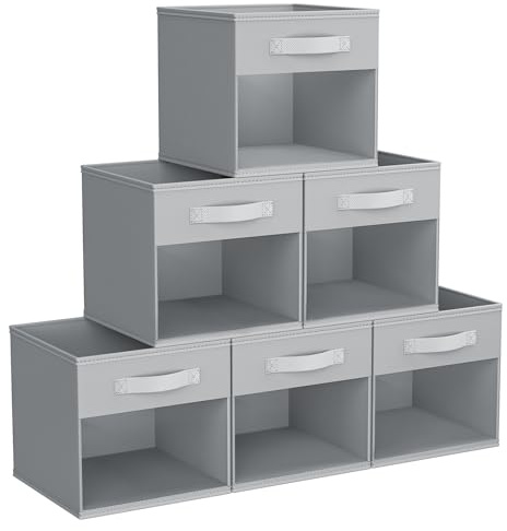 DIMJ Storage Cubes, 11x 11 inch Cube Storage Bin, 6 Pack Closet organizers and storage Bins with Window, Collapsible Baskets with Handle for Shelves, Clothes, Toys, Books (Grey)