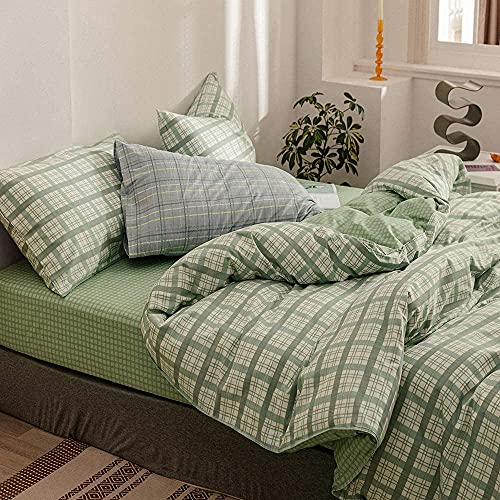 Michorinee Housse de Couette Vert Carreaux 220x240 + 2 Taie d'oreiller 65x65 cm Parure de Lit Adulte Réversible - Linge de Lit 2 Personnes Imprimé en Microfibre avec Fermeture Éclair