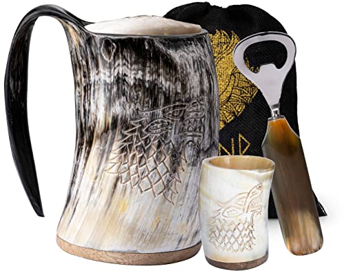 Fenrir 16 oz Viking Horn Mug with Shot Glass and Opener for ale Beer & Cold Drink - Father's Day Gift Idea