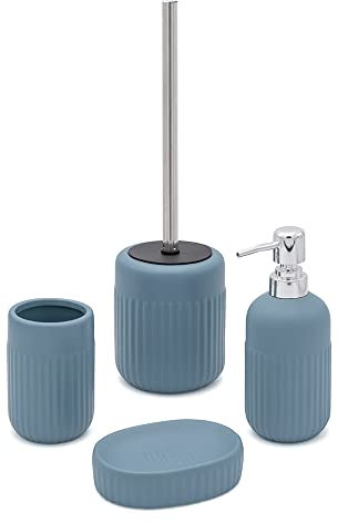 Inbagno Set Bagno Accessori Completo – 4 Pezzi, Kit Accessori appoggio Turchese Cobalto, Include Dispenser, portaspazzolini, portasapone e scopino WC, Linea Cup