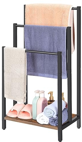 Shinoske Porte-Serviettes sur Pied 3 Barres Range-Serviettes en métal Portant pour vêtements Support Salle de Bain avec étagère de Rangement, 43.5 x 28 x 82 cm, Noir et Marron