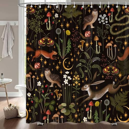 Fairy Rustic Forest Shower Curtain, Boho Cute Funny Gothic Vintage Mushrooms Woodland Wild Animals Butterfly Shower Curtain for Bathroom，Waterproof Fabric Bathroom Curtain Set with Hooks 72X72Inch