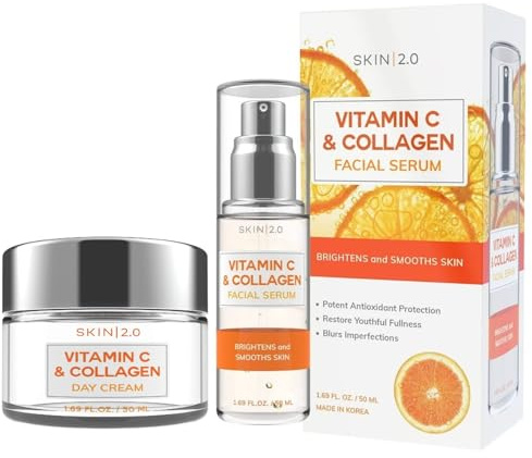 Skin 2.0 Vitamin C & Collagen Serum & Day Cream Set - Anti-Aging, Dark Spot Remover & Brightening - Dermatologist Tested Korean Skincare - Clean Beauty, Cruelty-Free, All Skin Types - 1.69 Fl. oz