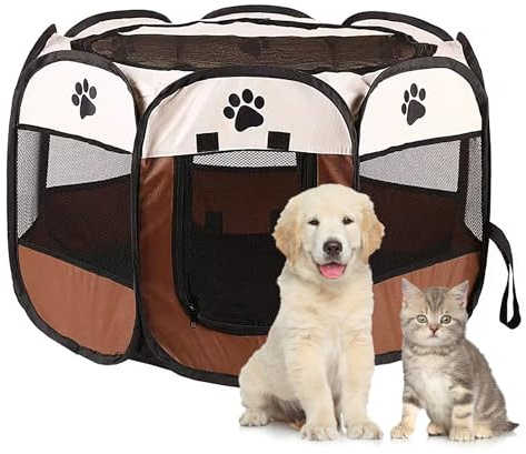 Duscdesp Recinto portatile per cani, recinto per cani per uso interno ed esterno, recinto impermeabile per cuccioli in tessuto Oxford, adatto a gatti, cani e conigli di piccole dimensioni (L-Brown)